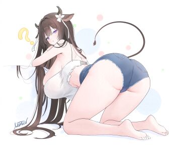 Rule 34 | 1girl, ?, alternate costume, animal ears, ass, azur lane, back, bare legs, barefoot, breasts, brown hair, casual, caught staring, commentary request, cow ears, cow girl, cow horns, crop top, denim, denim shorts, feet, flower, from behind, highres, horns, huge breasts, kashino (azur lane), kneeling, livetarica, long hair, looking back, open mouth, parted lips, polka dot, polka dot background, purple eyes, shorts, signature, simple background, skindentation, soles, solo, spaghetti strap, toes, very long hair, white background, white flower