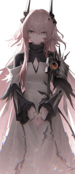 1girl absurdres arknights breasts cleavage cleavage_cutout closed_mouth clothing_cutout dress frilled_sleeves frills gem glitch highres horns jewelry long_hair long_sleeves looking_at_viewer multiple_rings own_hands_together ozeu0916 pink_hair red_eyes ring simple_background small_breasts smile solo theresa_(arknights) very_long_hair white_background white_dress