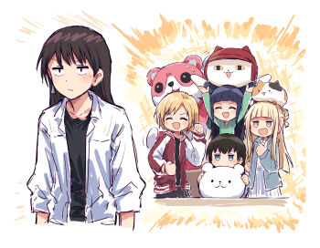 Rule 34 | <o> <o>, 5girls, :3, animal, animal on head, bang dream!, bang dream! girls band party!, bang dream! it's mygo!!!!!, black hair, black shirt, blonde hair, blue eyes, braid, bun with braided base, calico (pattern), calico cat, cat, cat on head, closed mouth, collared jacket, commentary, d4dj, double bun, fukushima noa, hair bun, highres, jacket, jitome, kagura hikari, long hair, mascot, michelle (bang dream!), multiple girls, on head, open clothes, open jacket, open mouth, red jacket, sato masuki, shiina taki, shirt, short hair, shoujo kageki revue starlight, sweatdrop, three-quarter sleeves, tsuyuzaki mahiru, v-shaped eyebrows, white jacket, white shirt, yukitake (bullfalk)