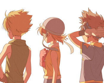 Rule 34 | 1girl, 2boys, arms behind head, back, bean32, blonde hair, blue shirt, brown gloves, brown hair, commentary, digimon, digimon adventure, gloves, green shirt, hand on own hip, hat, highres, ishida yamato, multiple boys, pink gloves, shirt, simple background, sleeveless, symbol-only commentary, t-shirt, takenouchi sora, warm colored, white background, yagami taichi