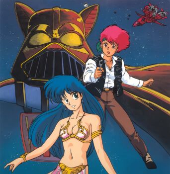 1980s_(style) armlet bikini bikini_top_only blaster_(star_wars) blue_eyes blue_hair bracelet cosplay darth_vader darth_vader_(cosplay) dirty_pair earrings grin gun han_solo han_solo_(cosplay) handgun headband helmet holding holding_gun holding_weapon huttslayer_leia jewelry kei_(dirty_pair) long_hair long_sleeves mughi navel oldschool open_mouth parody princess_leia princess_leia_(cosplay) red_eyes red_hair retro_artstyle short_hair smile space spacecraft star_wars star_wars:_return_of_the_jedi swimsuit weapon yuri_(dirty_pair)