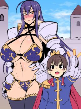 1boy 1girl age_difference ahoge arm_at_side armor bikini bikini_armor black_eyes black_thighhighs blue_sky blush breasts breath bright_pupils cape castle cleavage cloud cowboy_shot crown day dot_nose female_knight gloves glowing glowing_eyes groin hair_between_eyes hand_on_own_hip hip_focus huge_breasts knight long_hair looking_afar looking_at_another looking_down mini_crown navel nishida_megane nose_blush notice_lines onee-shota original outdoors pauldrons pointing prince print_bikini purple_bikini red_eyes revealing_clothes shiny_skin short_hair shota shoulder_armor sideboob size_difference sky smile standing sweat sweatdrop swimsuit thighhighs thighs toned underboob very_long_hair white_gloves white_pupils