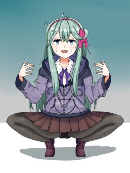 1girl aqua_hair black_pantyhose brown_skirt grimms_notes grimms_notes_gakuen jacket pantyhose princess_aurora_(gakuen)_(grimms_notes) princess_aurora_(grimms_notes) purple_jacket skirt t-yuy-096543