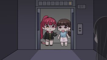 Rule 34 | 3girls, anchor, black hair, black jacket, black shoes, blue shirt, brown eyes, brown hair, chibi, closed mouth, closed umbrella, commentary request, copyright request, elevator, ghost, grey skirt, heterochromia, highres, hololive, hood, hood down, hooded jacket, houshou marine, houshou marine (summer), jacket, long hair, long sleeves, low ponytail, mochimiko, multiple girls, open mouth, pink umbrella, ponytail, puffy long sleeves, puffy sleeves, red eyes, red hair, shaded face, shirt, shoes, short sleeves, shorts, skirt, sweat, thigh strap, umbrella, very long hair, virtual youtuber, wavy mouth, white shorts