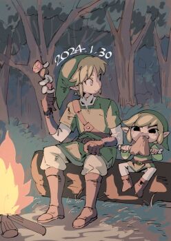 2boys blonde_hair boned_meat boots brown_boots brown_gloves campfire clenched_teeth commentary earrings eating food forest full_body gloves green_hat green_tunic grey_pants grey_shirt hat highres holding holding_skewer jewelry link male_focus meat multiple_boys nature nintendo pants phrygian_cap pointy_ears shirt sidelocks sitting_on_log skewer smile teeth tetsu_(teppei) the_legend_of_zelda the_legend_of_zelda:_skyward_sword the_legend_of_zelda:_the_wind_waker toon_link tunic