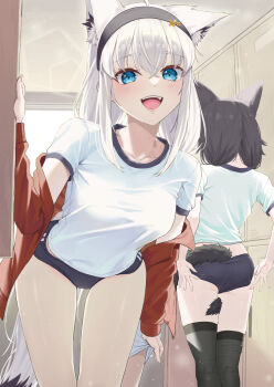 2girls :d absurdres ahoge alternate_costume animal_ear_piercing animal_ears aqua_eyes ass bangom_r black_hair blue_buruma buruma double-parted_bangs extra_ears fox_ears fox_girl fox_tail hair_between_eyes highres hololive indoors jacket leaning_forward locker locker_room long_hair looking_at_viewer low_twintails multiple_girls off_shoulder official_alternate_hairstyle ookami_mio open_mouth red_jacket shirakami_fubuki shirt short_sleeves sidelocks smile tail teeth twintails upper_teeth_only virtual_youtuber white_hair white_shirt