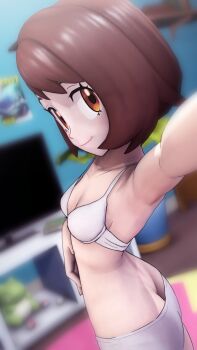 1girl 3d armpits ass bedroom bra breasts brown_eyes brown_hair butt_crack cleavage collarbone eyelashes female_focus fingernails gloria_(pokemon) greatm8 hand_on_own_stomach happy hat highres indoors legs loli looking_at_viewer looking_to_the_side matching_hair/eyes matching_underwear medium_hair midriff navel neck nintendo outstretched_arm panties pokemon pokemon_swsh selfie shiny_skin side_bangs sidelocks small_breasts smile standing thighs training_bra underwear underwear_only unworn_clothes unworn_hat unworn_headwear white_bra white_panties