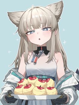 1girl apple arknights arknights:_endfield bare_shoulders black_gloves blue_background blue_eyes blush commentary cowboy_shot dress food fruit gloves grey_hair hashtag-only_commentary head_wings heoningu highres holding holding_tray jacket long_hair looking_at_viewer off_shoulder open_clothes open_jacket parted_lips perlica_(arknights) sidelocks simple_background sleeveless sleeveless_dress solo sparkle tray white_dress white_jacket wings