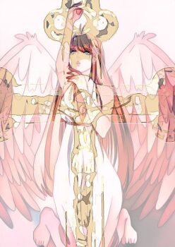 1girl angel_wings blue_eyes brown_hair commentary_request cross dress long_hair mary_magdalene_(xenosaga) mon_7291 solo very_long_hair white_background white_dress wings xenosaga xenosaga_episode_iii