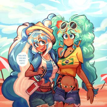 2girls aqua_eyes aqua_hair argentinian_flag argentinian_flag_print argentinian_miku beach bead_choker belly_chain big_hair bikini black_bikini blue_eyes blue_hair bracelet brazil brazilian_flag brazilian_flag_print brazilian_miku can cowboy_shot day exposed_pocket eyewear_on_head flag_print flower hair_flower hair_ornament hat hatsune_miku highres holding holding_can honduran_flag honduras jewelry lattelattoso long_hair midriff multicolored_hair multiple_bracelets multiple_girls navel open_mouth outdoors print_shirt red_flower rope round_eyewear sand shirt short_sleeves shorts_tan single_bare_shoulder smile speech_bubble streaked_hair sunglasses swimsuit tan tanline tied_shirt translation_request twintails umbrella very_long_hair vocaloid white-framed_eyewear white_hair worldwide_miku yellow_shirt