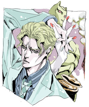1boy blonde_hair blue_shirt blue_suit diamond_wa_kudakenai formal_clothes highres jojo_no_kimyou_na_bouken killer_queen kira_yoshikage looking_at_viewer necktie nobita_(makoto7060355) plaid_clothes plaid_necktie shirt suit upper_body wavy_hair