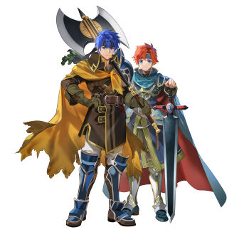 2boys absurdres armor axe battle_axe blue_eyes blue_hair cape closed_mouth commentary_request double-sided_axe durandal_(fire_emblem) fire_emblem fire_emblem:_path_of_radiance fire_emblem:_the_binding_blade fire_emblem_heroes gloves hand_on_hilt hand_on_own_hip headband highres hiiragi_akio holding holding_weapon ike_(brave_mercenary)_(fire_emblem) ike_(fire_emblem) looking_at_viewer male_focus multiple_boys nintendo official_art over_shoulder pauldrons red_hair roy_(brave_lion)_(fire_emblem) roy_(fire_emblem) second-party_source short_hair shoulder_armor simple_background single_pauldron standing sword two-sided_cape two-sided_fabric weapon weapon_over_shoulder white_background