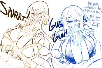 2girls breasts crossover cum cum_in_mouth cum_on_body cum_on_breasts cum_on_upper_body cynthia_(pokemon) ejaculation highschool_of_the_dead huge_breasts long_hair marikawa_shizuka multiple_girls nintendo paizuri pokemon pokemon_dppt vkid