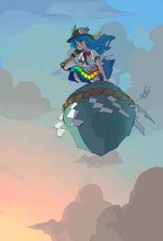 1girl black_hat blue_hair blue_skirt center_frills closed_mouth cloud collared_shirt commentary_request doggo_1d34 floating_rock frills fruit_hat_ornament hat hat_ornament highres hinanawi_tenshi holding holding_sword holding_weapon kaname-ishi leaf_hat_ornament long_hair outdoors peach_hat_ornament puffy_short_sleeves puffy_sleeves rainbow_order red_eyes rope sheath sheathed shide shimenawa shirt short_sleeves signature skirt smile solo sword touhou very_long_hair weapon white_shirt