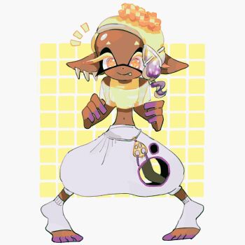 1girl ^^^ aluy01 baggy_pants blonde_hair dark-skinned_female dark_skin fang frye_(deep_cut_outfit)_(splatoon) frye_(splatoon) full_body inkling navel nintendo pants pointy_ears smile solo splatoon_(series) splatoon_3 standing tentacle_hair toeless_legwear torn_clothes torn_pants yellow_eyes