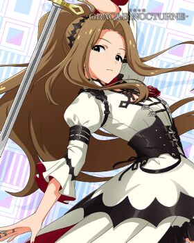 1girl arm_belt belt black_belt black_corset black_hairband brown_hair closed_mouth corset curtained_hair dress english_text floating_hair forehead game_cg green_eyes hair_ornament hairband high_collar high_ponytail holding holding_sword holding_weapon idolmaster idolmaster_million_live! idolmaster_million_live!_theater_days jewelry long_hair looking_at_viewer multiple_belts nail_polish nikaido_chizuru official_art ponytail puffy_sleeves red_nails ring silver_ring solo sword third-party_source upper_body very_long_hair weapon white_dress wide_ponytail wide_sleeves