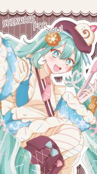 Rule 34 | 1girl, absurdres, apron, aqua eyes, aqua hair, asymmetrical legwear, ayaneko-cha, blue bow, blue dress, blue pantyhose, blue sleeves, blush, bow, bowtie, brown hat, commentary request, double-parted bangs, dress, dress bow, feet out of frame, food-themed clothes, food-themed hat ornament, frilled apron, frills, fur-trimmed dress, fur-trimmed sleeves, fur trim, hair between eyes, hair ornament, hat, hat ornament, hatsune miku, highres, holding, holding tongs, long hair, long sleeves, looking at viewer, mismatched legwear, multicolored hair, necktie, official alternate costume, official alternate hairstyle, open mouth, pantyhose, pink necktie, pink pantyhose, puffy short sleeves, puffy sleeves, short sleeves, smile, snowflake print, solo, striped clothes, striped pantyhose, tongs, twintails, two-tone sleeves, very long hair, vocaloid, wavy hair, white apron, white bow, wide sleeves, yuki miku, yuki miku (2026)