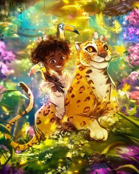 1girl antonio_madrigal bird brown_eyes brown_hair colombian_clothes curly_hair dark-skinned_male dark_skin encanto highres jaguar poncho roytheart shirt short_hair smile solo tiger toucan very_dark_skin yellow_poncho