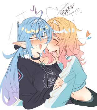 2girls =_= absurdres ahoge black_choker black_shirt blank_eyes blonde_hair blue_hair blue_shirt blush choker closed_eyes commentary couple cropped_shirt elf embarrassed hand_on_another&#039;s_arm hashtag-only_commentary heart heart_ahoge highres hololive hug kiss kissing_cheek legzy long_hair long_sleeves low_twintails momosuzu_nene momosuzu_nene_(cheerleader) multicolored_hair multiple_girls nervous_sweating official_alternate_costume official_alternate_hairstyle open_mouth pointy_ears print_shirt puckered_lips shirt sidelocks single_off_shoulder surprised sweat symbol-only_commentary twintails virtual_youtuber white_background yukihana_lamy yukihana_lamy_(cyber) yuri
