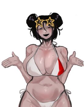 1girl alternate_costume bikini black_eyes black_hair breasts collarbone double_bun eyewear_on_head hair_bun half-closed_eyes how_to_date_an_entity_(and_stay_alive) huge_breasts mrs._(how_to_date_an_entity) navel non-web_source pale_skin shrugging simple_background solo star-shaped_eyewear star_(symbol) straight-on swimsuit white_background white_bikini