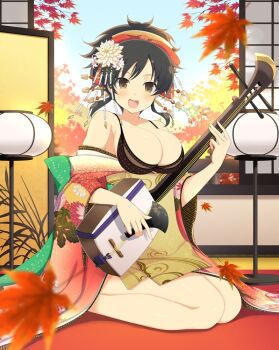 1girl :d alternate_costume alternate_hairstyle architecture asuka_(senran_kagura) autumn autumn_leaves bachi bare_shoulders barefoot black_bra black_hair blue_sky blurry blush bra breasts brown_eyes cleavage depth_of_field duplicate east_asian_architecture floral_print flower full_body hair_flower hair_ornament holding holding_plectrum indoors instrument japanese_clothes kimono lantern large_breasts lattice leaf long_sleeves looking_at_viewer maple_leaf non-web_source off_shoulder official_art open_mouth paper_lantern pixel-perfect_duplicate plectrum seiza senran_kagura senran_kagura_new_wave shamisen short_hair shouji sideboob sitting sky sliding_doors smile solo tree underwear wide_sleeves yaegashi_nan