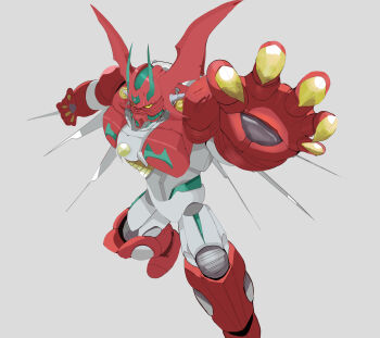 armor biomechanical claws full_body getter_arc getter_robo getter_robo_arc hands_up head_wings highres horns looking_at_viewer magett mecha mecha_focus mechanical_wings multicolored_armor outstretched_arm outstretched_hand reaching reaching_towards_viewer red_armor robot solo super_robot white_armor wings yellow_eyes