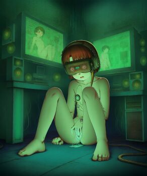 1girl artist_request bare_arms bare_legs barefoot brown_hair collarbone computer feet female_focus head-mounted_display indoors iwakura_lain loli masturbation monitor nipples nude open_mouth pussy pussy_juice serial_experiments_lain solo solo_focus toenails toes tongue