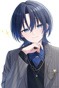Rule 34 | 1girl, absurdres, ai (u e o o), black sweater, blue eyes, blue hair, blue shirt, closed mouth, collared shirt, earclip, grey jacket, hand up, highres, hiodoshi ao, hiodoshi ao (1st costume), hololive, hololive dev is, jacket, jewelry, looking at viewer, medium hair, mole, mole under mouth, necklace, pinstripe jacket, pinstripe pattern, shirt, simple background, smile, solo, straight-on, suit jacket, sweater, upper body, v-neck, virtual youtuber, white background, wolf cut