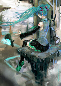 1girl aqua_eyes aqua_hair aqua_necktie black_skirt black_sleeves building detached_sleeves freer grey_shirt hatsune_miku long_hair necktie number_tattoo shirt sitting skirt sleeveless sleeveless_shirt tattoo twintails vocaloid