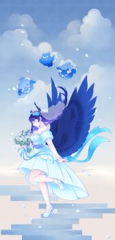 1girl absurdres badger_yekun bare_shoulders black_wings blue_hair bouquet closed_eyes dress feathered_wings floating_hair flower from_side full_body highres hololive hololive_english jailbird_(nerissa_ravencroft) long_hair nerissa_ravencroft oyomeholic_(nerissa_ravencroft) profile see-through_clothes see-through_veil solo_focus strapless strapless_dress veil virtual_youtuber wedding_dress white_dress white_veil wings