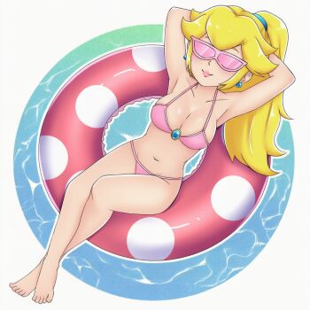 Rule 34 | 1girl, armpits, arms behind head, barefoot, bikini, blonde hair, breasts, cleavage, feet, highres, large breasts, legs, long hair, mario (series), navel, nintendo, pink bikini, pink lips, ponytail, pool, princess, princess peach, puyopopper, smile, solo, sunglasses, swimsuit, thighs, water