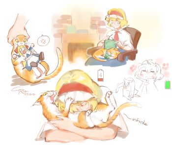 2girls alice_margatroid anger_vein animal animal_on_lap artist_name battery_indicator bespectacled biting blonde_hair blue_dress blue_eyes blush bow capelet cat cat_on_lap commentary crt599 crying crying_with_eyes_open dress english_commentary fireplace glasses hair_bow hairband highres knitting knitting_needle multiple_girls needle on_lap open_mouth orange_cat red_bow red_hairband shanghai_doll sitting spoken_anger_vein tears touhou white_capelet