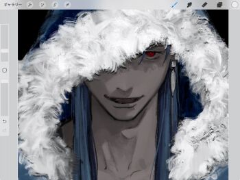 1boy art_program_in_frame black_background blue_hair cu_chulainn_(caster)_(fate) cu_chulainn_(fate) earrings fate/grand_order fate_(series) fur-trimmed_hood fur_trim highres hood hood_up jewelry krgvtkdwvu91585 long_hair looking_at_viewer male_focus open_mouth portrait red_eyes simple_background smile solo