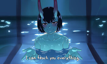 1girl absurdres black_eyes blue_hair blush breasts closed_mouth english_text fate/grand_order fate_(series) hectaryecgaa highres horns i&#039;ll_teach_you_everything_(chainsaw_man) makima_(chainsaw_man) partially_submerged pool scene_reference short_hair shuten_douji_(fate) skin-covered_horns small_breasts smile solo wet wet_hair