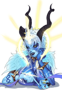 1girl absurdres antelope_horns blue_skin bracelet breasts chibi colored_skin creature curled_horns eyelashes fangs goat_horns gold_bracelet halo highres horns jewelry kaosottehkob large_breasts lipstick makeup monster_girl original spiked_bracelet spikes upper_body yellow_eyes