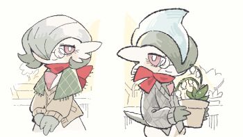 Rule 34 | bob cut, clothed pokemon, colored skin, gallade, gardevoir, gen 3 pokemon, gen 4 pokemon, glasses, green hair, green skin, hair over one eye, highres, looking at viewer, multicolored skin, nintendo, old, pink eyes, plant, pokemon, pokemon (creature), potted plant, red scarf, scarf, smile, sugaraxolotl, two-tone skin, white skin