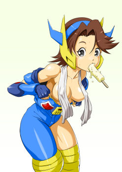 bare_shoulders breasts brown_hair covered_erect_nipples ffnf fingerless_gloves food food_in_mouth gacky_(robot_girls_z) gloves grey_eyes horns medium_breasts medium_hair popsicle popsicle_in_mouth robot_girl robot_girls_z simple_background skin_tight_clothing thick_thighs thighs towel towel_around_neck undressing