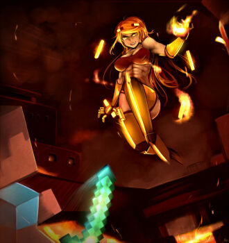 1boy 1girl abs arm_up armor artist_name at2. bare_shoulders battle bikini blaze_(minecraft) blaze_rod blonde_hair blue_shirt boots bracer breasts brown_hair dark-skinned_female dark_skin evil_grin evil_smile eye_contact fire floating fortress gauntlets glowing glowing_eyes greaves grin hell holding large_breasts lava leg_up long_hair looking_at_another minecraft minecraft_sword mob_talker motion_blur muscular personification shirt smile smoke steve_(minecraft) swimsuit sword the_nether_(minecraft) thigh_boots thighhighs weapon window yellow_eyes