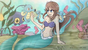 1girl ahoge algae arm_support armpit_crease arms_at_sides bikini blue_eyes breasts brown_hair bubble chinchou cleavage collarbone coral eyelashes female_focus fins fish_tail floating_hair flower full_body gen_1_pokemon gen_2_pokemon gen_3_pokemon green_(pokemon) groin hair_between_eyes hair_flower hair_ornament hand_up happy horsea long_hair looking_at_another luvdisc medium_breasts mermaid midriff monster_girl navel neck nintendo ocean open_mouth parody pokemon pokemon_adventures purrrloin shell shell_bikini sidelocks sitting smile stomach strapless strapless_bikini swimsuit tail the_little_mermaid_(disney) underwater