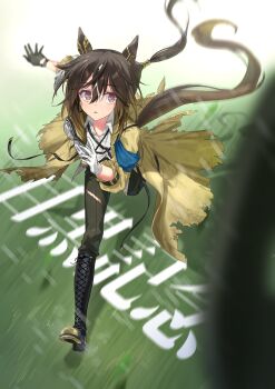 1girl absurdres armband asymmetrical_gloves averting_eyes black_boots black_gloves black_hair black_pants blue_armband boots chest_strap coat collared_shirt commentary_request dated_commentary double-parted_bangs dress_shirt ear_covers full_body gloves goggles goggles_around_neck gradient_eyes grass gul_(parfaitgul) hair_between_eyes highres historical_event horse_girl horse_tail long_hair mismatched_gloves motion_blur multicolored_eyes multicolored_hair open_mouth outdoors pants red_eyes running shirt sidelocks solo stay_gold_(sunlit_outsider)_(umamusume) stay_gold_(umamusume) streaked_hair sweat tail torn_clothes torn_coat torn_pants translation_request umamusume unworn_goggles very_long_hair white_gloves white_hair white_shirt yellow_coat yellow_eyes