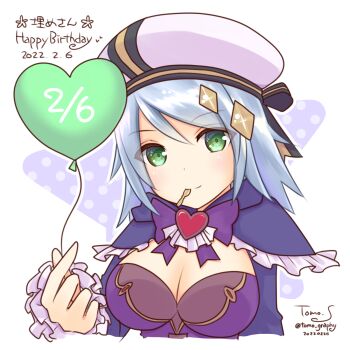 Rule 34 | 1girl, balloon, beret, blue hair, blush, bow, bowtie, breasts, brooch, cleavage, closed mouth, commentary request, dated, dress, frilled sleeves, frills, green eyes, happy birthday, hat, heart, heart balloon, heart brooch, highres, jewelry, large breasts, long hair, looking at viewer, purple bow, purple bowtie, purple dress, ragnarok masters, ragnarok online, sakuraji tomoka, signature, smile, solo, soulblade cross (ragnarok masters), upper body, white background, white hat