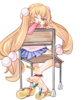 1girl barefoot blue_skirt body_writing brown_eyes brown_hair chaosexceed commentary commission crayon english_commentary fang flip-flops full_body hair_ornament highres kodomo_no_jikan kokonoe_rin long_hair looking_at_viewer miniskirt one_eye_closed open_mouth pleated_skirt sandals simple_background sitting skirt smile soles solo sphere_hair_ornament toes twintails very_long_hair white_background