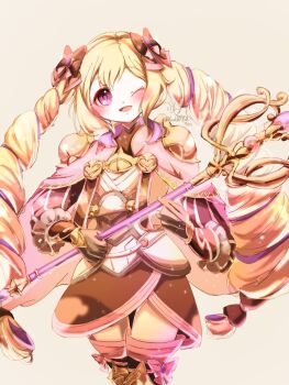 1girl ;d armor armored_dress black_dress black_gloves boots commentary_request dress drill_hair elise_(fire_emblem) elise_(sincere_sister)_(fire_emblem) fire_emblem fire_emblem_fates fire_emblem_heroes gloves highres holding holding_staff minto71311 nintendo official_alternate_costume one_eye_closed open_mouth smile staff thigh_boots thighs twin_drills