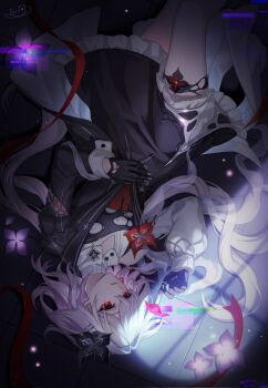 1girl asymmetrical_sleeves black_dress black_gloves buttons collar dress eunchil02 evernight_(honkai:_star_rail) flower frills glitch gloves grey_nails hair_flower hair_ornament hairclip highres honkai:_star_rail honkai_(series) long_hair lying march_7th_(honkai:_star_rail) mismatched_sleeves on_floor parallel_hairclips pink_flower pink_hair red_eyes red_flower red_ribbon ribbon upside-down very_long_hair white_collar