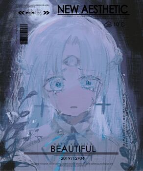 1girl bow bowtie braid chinese_commentary commentary_request commission cross cross_earrings crying crying_with_eyes_open curtained_hair earrings grey_bow grey_bowtie half_up_braid highres jewelry long_hair looking_at_viewer open_mouth original parted_bangs portrait shirt solo tears third_eye too_many_watermarks vihua6 watermark white_eyes white_hair white_shirt