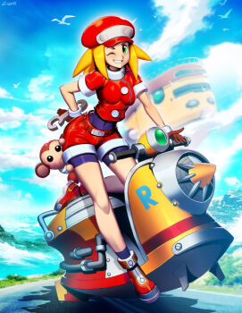 1girl animal belt bent_over bike_shorts bike_shorts_under_shorts blonde_hair breasts brown_gloves buttons newsboy_cap capcom cloud covered_navel data_(mega_man) day female_focus full_body genzoman gloves green_eyes grin hand_on_own_hip hat holding holding_wrench hover_scooter impossible_clothes looking_at_viewer medium_breasts mega_man_(series) mega_man_legends_(series) monkey motor_vehicle ocean one_eye_closed outdoors red_shoes red_shorts roll_caskett_(mega_man) shoes short_shorts short_sleeves shorts sky smile solo teeth tools undershirt wink wrench