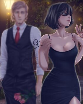 1boy 1girl affair alternate_costume artistic_error bad_tag bare_shoulders betrayal black_dress black_hair blurry bouquet brown_hair cheating_(relationship) collarbone commentary commentary_request depth_of_field disgrace disgust dress english_commentary facial_hair flower formal_clothes goatee highres holding holding_bouquet incest infidelity jean_kirstein kimotu2 lantern long_sleeves looking_at_another mikasa_ackerman mixed-language_commentary nail_polish necktie netorare netorase night out_of_character outdoors red_nails red_necktie shingeki_no_kyojin shirt short_hair sky sleeveless sleeveless_dress suit trash unfaithful white_shirt