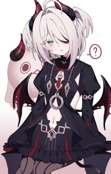 1girl ? absurdres ahoge black_dress black_horns black_survival black_wings blue_eyes clothing_cutout colored_eyelashes dot_nose dress eternal_return:_black_survival eyepatch gradient_horns grey_hair hair_between_eyes hair_intakes hair_over_one_eye hashtag-only_commentary highres horns juliet_sleeves long_sleeves looking_at_viewer low_wings medium_hair multicolored_horns navel navel_cutout open_mouth pantyhose puffy_sleeves red_horns red_wings sissela_kyle solo spoken_question_mark taenyaki two_side_up white_background wings