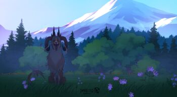 animal_focus anime_coloring artist_name commentary commentary_request creature dawn facial_hair fence flower fluffy grass highres horns immorthis leaf mountain mustache original pastel_colors tail teeth tree watermark yawns