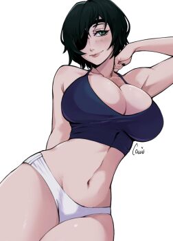 1girl arm_behind_back artist_name bare_shoulders black_nails breasts camisole chainsaw_man closed_mouth collarbone commentary cowboy_shot crop_top english_commentary eyepatch green_eyes green_hair highres himeno_(chainsaw_man) large_breasts looking_at_viewer meloncallie11 navel panties short_hair simple_background sleeveless smile solo stomach underwear white_background white_panties wide_hips